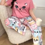 DUSKBASE Plus Size Women Cute Cat Print Top & Pants Pajama Set