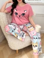 DUSKBASE Plus Size Women Cute Cat Print Top & Pants Pajama Set