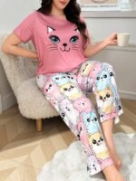 DUSKBASE Plus Size Women Cute Cat Print Top & Pants Pajama Set - Image 3