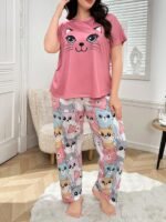 DUSKBASE Plus Size Women Cute Cat Print Top & Pants Pajama Set - Image 4