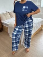 SHEIN Plus Size Women Casual Plaid Pattern Print Top & Pants Pajama Set, Outfits - Image 5