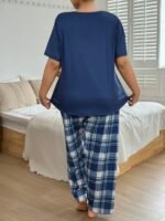 SHEIN Plus Size Women Casual Plaid Pattern Print Top & Pants Pajama Set, Outfits - Image 2
