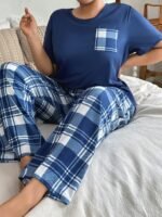 SHEIN Plus Size Women Casual Plaid Pattern Print Top & Pants Pajama Set, Outfits - Image 4