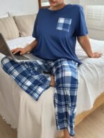 SHEIN Plus Size Women Casual Plaid Pattern Print Top & Pants Pajama Set, Outfits - Image 3