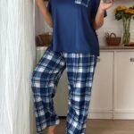 SHEIN Plus Size Women Casual Plaid Pattern Print Top & Pants Pajama Set, Outfits