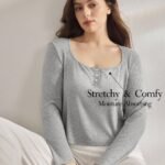 Ocili Leisure Soft Rib Knit Plus Size Shell Button Placket Sleepwear Top Easy Comfort, Fall