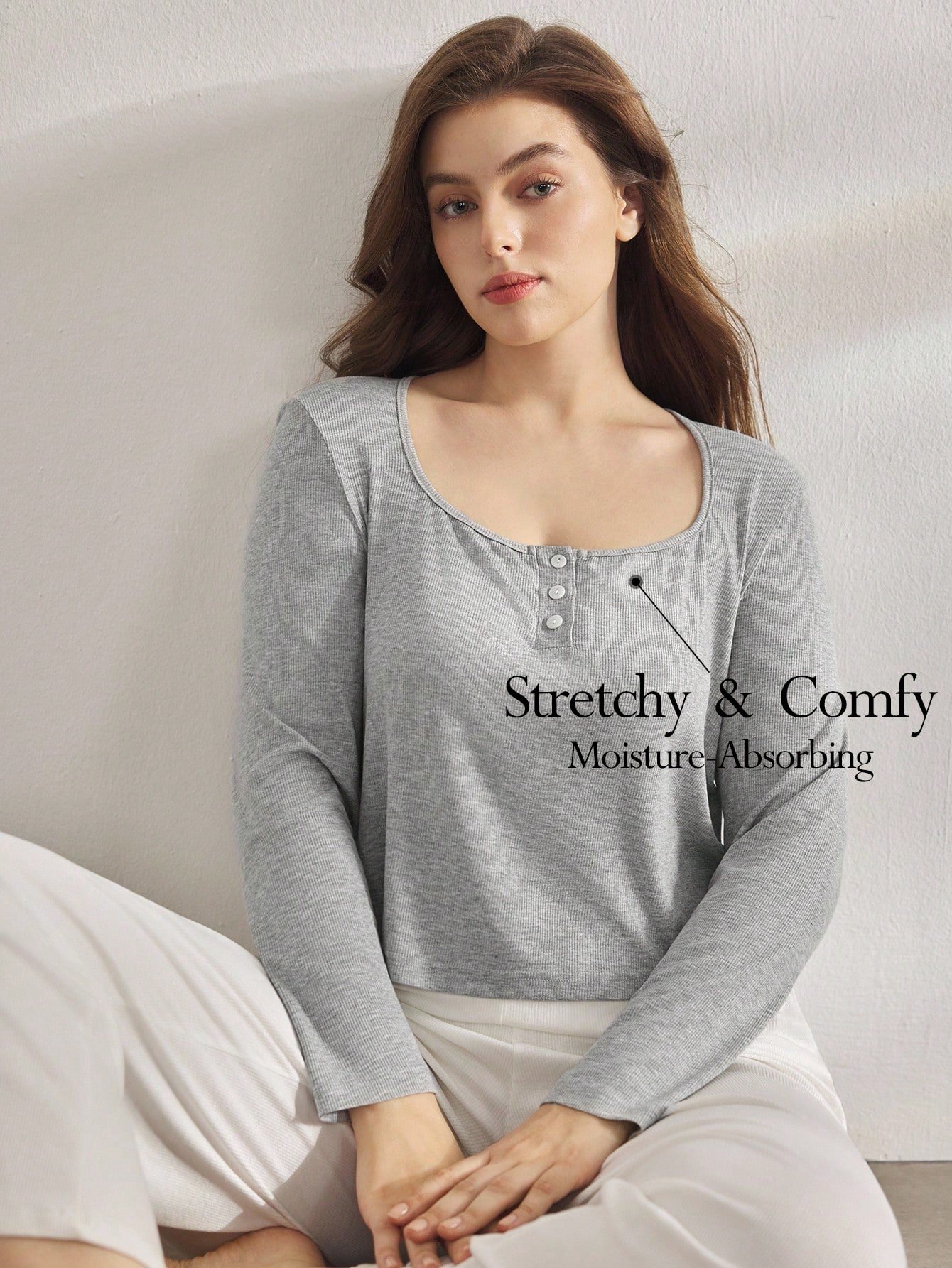 1752413009f3c2a6505cf60ea4b5b9ff42f6340567.jpg Ocili Leisure Soft Rib Knit Plus Size Shell Button Placket Sleepwear Top Easy Comfort, Fall - Image 1