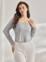 Ocili Leisure Soft Rib Knit Plus Size Shell Button Placket Sleepwear Top Easy Comfort, Fall - Image 5
