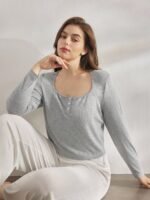 Ocili Leisure Soft Rib Knit Plus Size Shell Button Placket Sleepwear Top Easy Comfort, Fall - Image 6