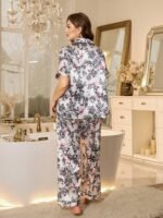 MuseNap CURVE Plus Size Women's Silk Pajamas Set White Summer Elegant Family Matching Chinese Style Floral Print Satin Fabric Lapel Cardigan Two Piece Sleepwear - Image 3