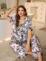 MuseNap CURVE Plus Size Women's Silk Pajamas Set White Summer Elegant Family Matching Chinese Style Floral Print Satin Fabric Lapel Cardigan Two Piece Sleepwear - Image 4