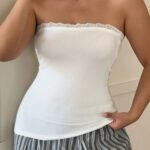 Dazy Plus Contrast Lace Tight Bandeau Camisole, White, Versatile Undershirt/Sleepwear Top Pajamas