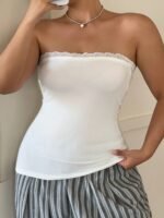 Dazy Plus Contrast Lace Tight Bandeau Camisole, White, Versatile Undershirt/Sleepwear Top Pajamas