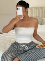 Dazy Plus Contrast Lace Tight Bandeau Camisole, White, Versatile Undershirt/Sleepwear Top Pajamas - Image 4