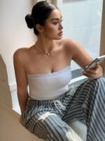 Dazy Plus Contrast Lace Tight Bandeau Camisole, White, Versatile Undershirt/Sleepwear Top Pajamas - Image 6