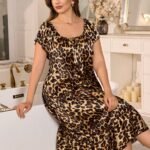 MuseNap CURVE Plus Size Women Elegant Leopard Print Ruffle Hem Dress Plus Size Sleepwear Set Plus Size Night Dress Dress Plus Size Curve Dress
