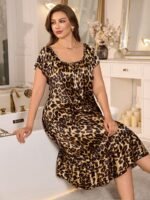 MuseNap CURVE Plus Size Women Elegant Leopard Print Ruffle Hem Dress Plus Size Sleepwear Set Plus Size Night Dress Dress Plus Size Curve Dress