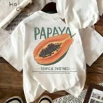 Women's Oversized Papaya Graphic Pajama Tee, Soft Breathable Cotton Sleep Shirt With Tropical Fruit Print,  Cozy Loungewear, Relaxed Fit Cute Nightwear For Lounging & Sleeping, Casual Summer PJs With "Tropical Sweetness" Design