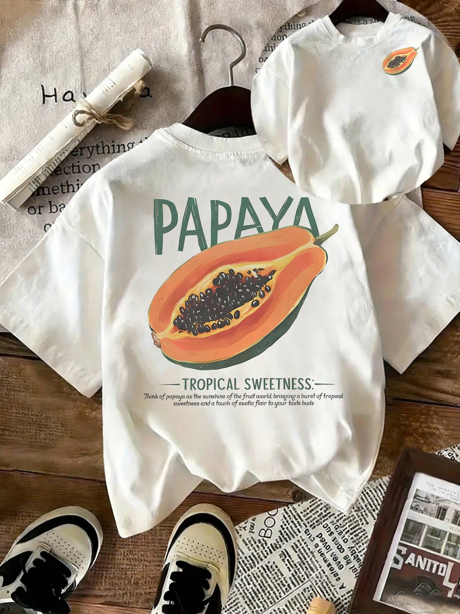 1769665666b94adb33b9b32b85801fe55d26c45808.jpg Women's Oversized Papaya Graphic Pajama Tee, Soft Breathable Cotton Sleep Shirt With Tropical Fruit Print, Cozy Loungewear, Relaxed Fit Cute Nightwear For Lounging & Sleeping, Casual Summer PJs With "Tropical Sweetness" Design - Image 1