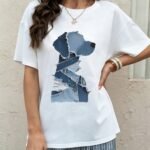 Women's Oversized Denim Patchwork Dog Graphic Pajama Tee, Soft Breathable Cotton Sleep Shirt With Unique Blue Canine Silhouette Print,  Cozy Loungewear, Relaxed Fit Cute Nightwear For Lounging, Sleeping & Casual Wear, Perfect PJs For Dog Lovers