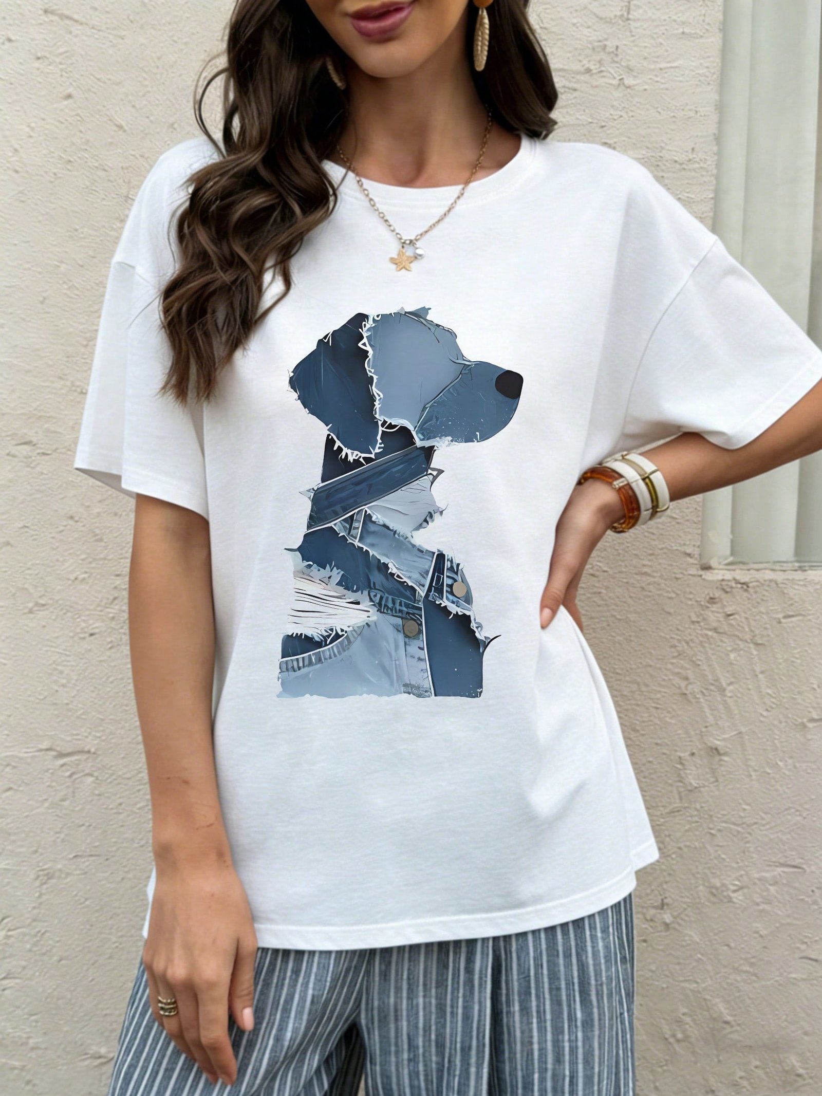 176966652735124030f82bd2baf1cececd329b9266.jpg Women's Oversized Denim Patchwork Dog Graphic Pajama Tee, Soft Breathable Cotton Sleep Shirt With Unique Blue Canine Silhouette Print, Cozy Loungewear, Relaxed Fit Cute Nightwear For Lounging, Sleeping & Casual Wear, Perfect PJs For Dog Lovers - Image 1