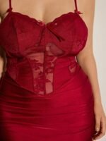 Slumberist Plus Size Lace Patchwork Bodycon Slip Dress,Ruched Side Fitted Corset Skirt For Women,Burgundy Summer Night Wear Wedding Lingerie Dress - Image 4