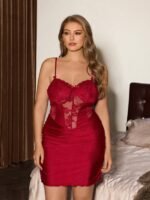 Slumberist Plus Size Lace Patchwork Bodycon Slip Dress,Ruched Side Fitted Corset Skirt For Women,Burgundy Summer Night Wear Wedding Lingerie Dress - Image 5