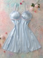 Elorette Light Blue Satin Jacquard Floral Ruffle Trim Slimming Waist Romantic Tropical Countryside Elegant Plus Size Nightgown Night Summer - Image 7