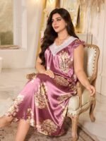 MuseNap CURVE Elegant Satin Printed Lace Ruffle Sleeve V-Neck Long Nightgown, Plus Size