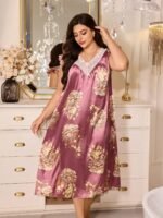 MuseNap CURVE Elegant Satin Printed Lace Ruffle Sleeve V-Neck Long Nightgown, Plus Size - Image 2