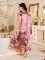 MuseNap CURVE Elegant Satin Printed Lace Ruffle Sleeve V-Neck Long Nightgown, Plus Size - Image 3