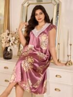 MuseNap CURVE Elegant Satin Printed Lace Ruffle Sleeve V-Neck Long Nightgown, Plus Size - Image 4