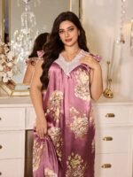 MuseNap CURVE Elegant Satin Printed Lace Ruffle Sleeve V-Neck Long Nightgown, Plus Size - Image 5