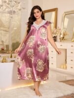 MuseNap CURVE Elegant Satin Printed Lace Ruffle Sleeve V-Neck Long Nightgown, Plus Size - Image 6