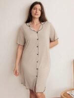 Doze Lane Plus Size Casual Minimalist Contrast Color Cardigan Nightgown - Image 3