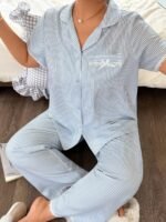 Napfluff CURVE Napfluff CURVE Plus Size Women Lace Bow Striped Shirt Style Sleepwear Set - Image 3