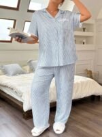 Napfluff CURVE Napfluff CURVE Plus Size Women Lace Bow Striped Shirt Style Sleepwear Set - Image 2