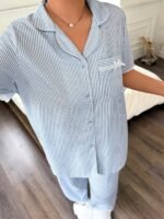 Napfluff CURVE Napfluff CURVE Plus Size Women Lace Bow Striped Shirt Style Sleepwear Set - Image 5
