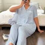Napfluff CURVE Napfluff CURVE Plus Size Women Lace Bow Striped Shirt Style Sleepwear Set