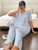Napfluff CURVE Napfluff CURVE Plus Size Women Lace Bow Striped Shirt Style Sleepwear Set