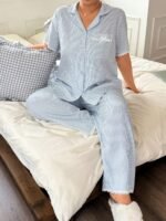 Napfluff CURVE Napfluff CURVE Plus Size Women Lace Bow Striped Shirt Style Sleepwear Set - Image 6