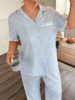 Napfluff CURVE Napfluff CURVE Plus Size Women Lace Bow Striped Shirt Style Sleepwear Set - Image 7