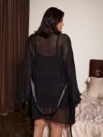 Slumberist Sexy Sheer Mesh & Contrast Lace A-Line Short Nightgown, Long Sleeve Floral Lace Trim Robe Sleepwear Set, Plus Size - Image 2