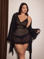 Slumberist Sexy Sheer Mesh & Contrast Lace A-Line Short Nightgown, Long Sleeve Floral Lace Trim Robe Sleepwear Set, Plus Size - Image 4