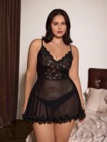Slumberist Sexy Sheer Mesh & Contrast Lace A-Line Short Nightgown, Long Sleeve Floral Lace Trim Robe Sleepwear Set, Plus Size - Image 6