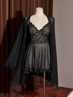 Slumberist Sexy Sheer Mesh & Contrast Lace A-Line Short Nightgown, Long Sleeve Floral Lace Trim Robe Sleepwear Set, Plus Size - Image 7
