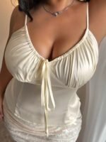 Dazy Plus Plus Size Women's Romantic French Style Ruffle Drawstring Satin Camisole Top, Spring/Summer Pajamas