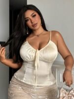 Dazy Plus Plus Size Women's Romantic French Style Ruffle Drawstring Satin Camisole Top, Spring/Summer Pajamas - Image 5