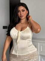 Dazy Plus Plus Size Women's Romantic French Style Ruffle Drawstring Satin Camisole Top, Spring/Summer Pajamas - Image 6