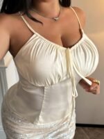 Dazy Plus Plus Size Women's Romantic French Style Ruffle Drawstring Satin Camisole Top, Spring/Summer Pajamas - Image 7